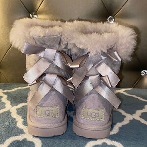 UGG Light Gray Shearling Boots with Satin Bows